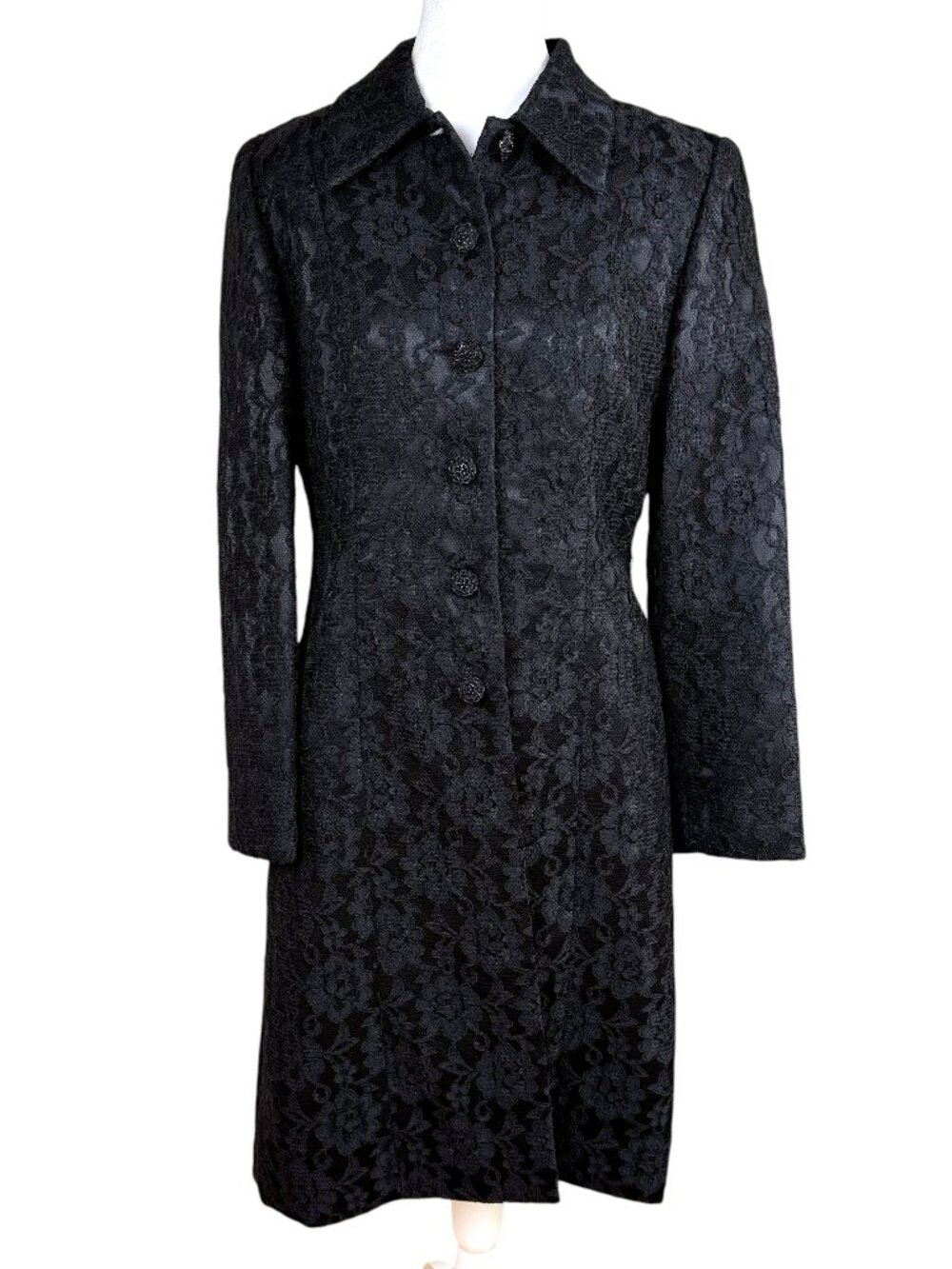 Sandra Darren Lace Coat Longline Black Floral Jewel Buttons Vintage (8)